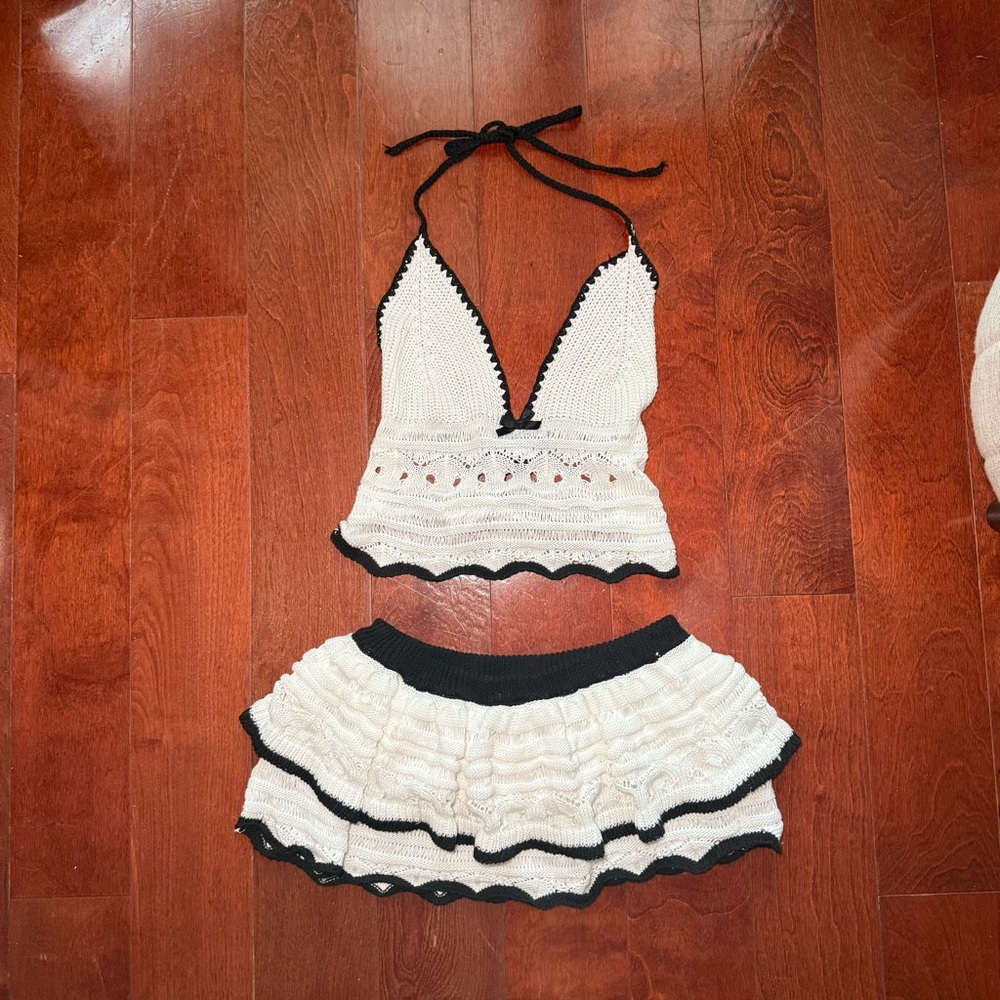 Black and White Crochet Halter Top and Skirt Set